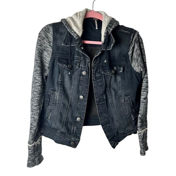 Free People Denim & Knit Distressed Hoodie Jacket SZ XS/S - Picture 2 of 8